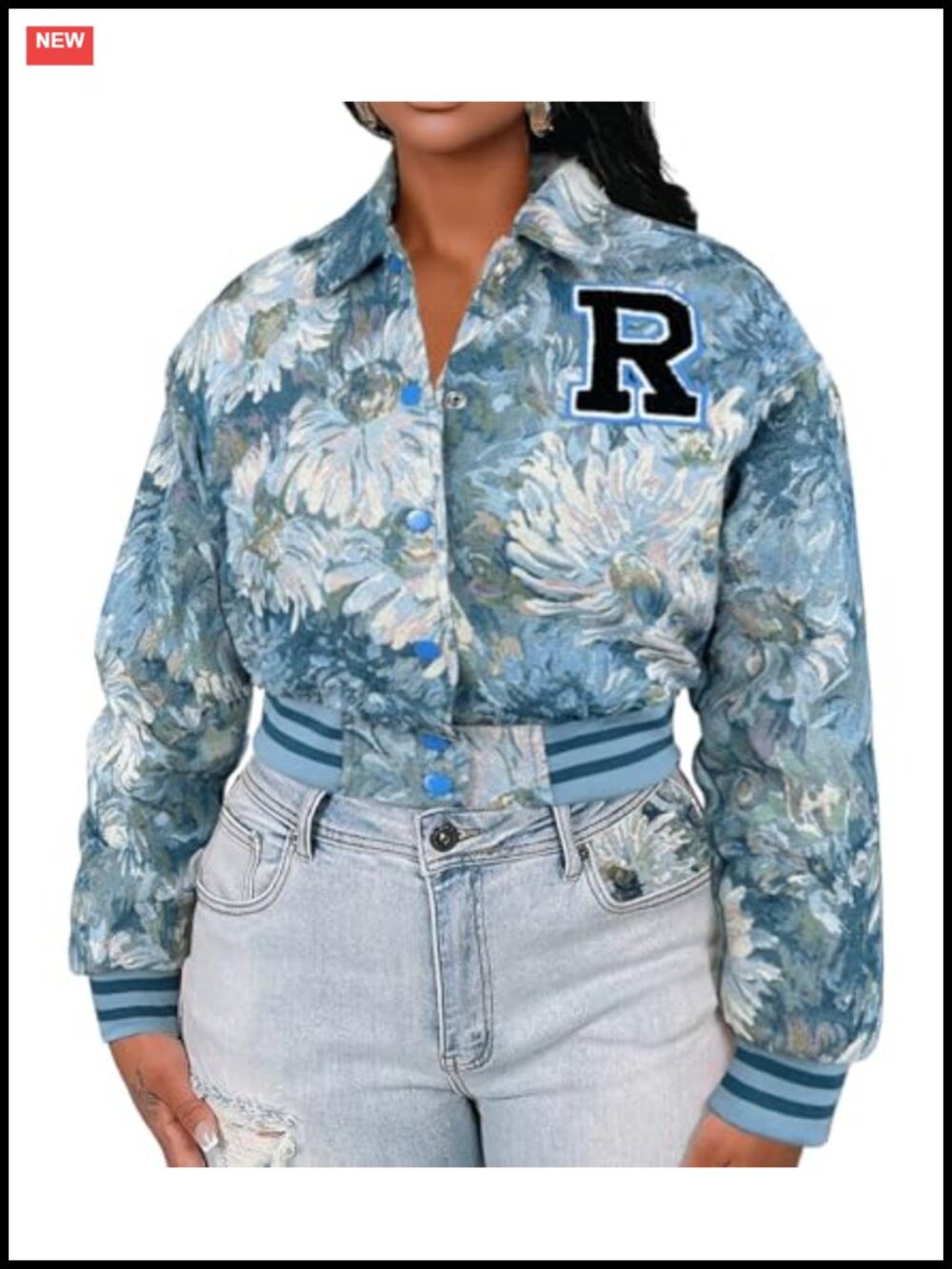 Women's Floral Cropped Bomber Jacket Varsity Letter Patch